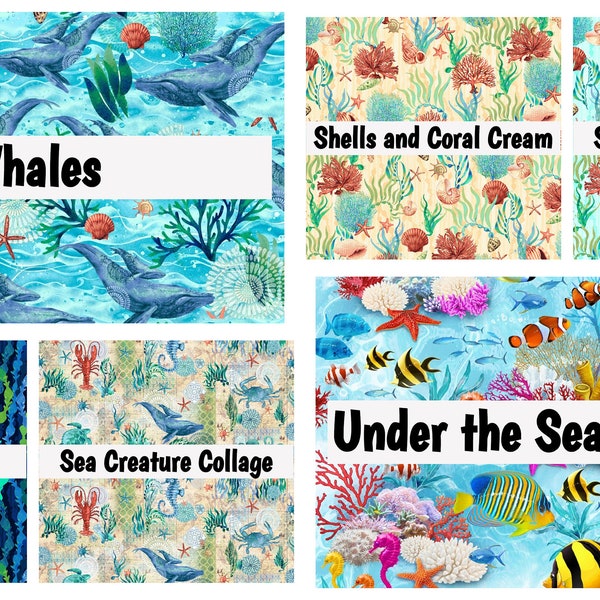 Under the Sea, Mahi, Tuna, Reef,  Creatures, Whales, Shells, Coral, Lobsters, Seagrass, Fish, Ocean,  100% Quilting Cotton Fabric