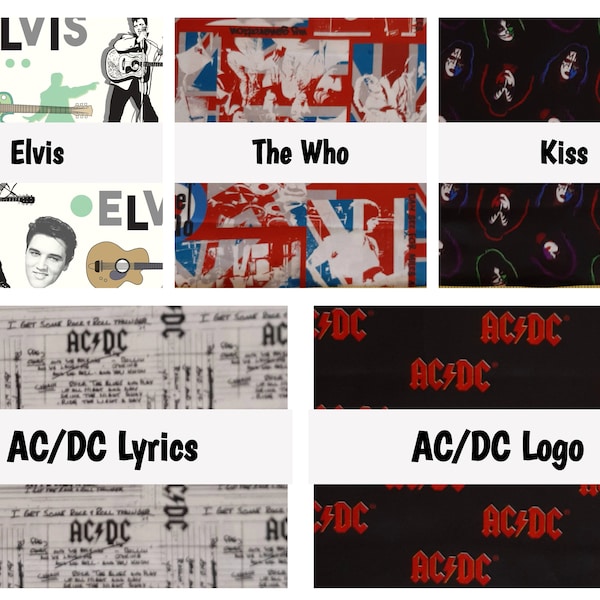 Rock and Roll Bands, Officially Licensed, Kiss, AC/DC, The Who, Elvis, Music, 1960-1980's Music, Metal, 100% Quilting Cotton Fabric