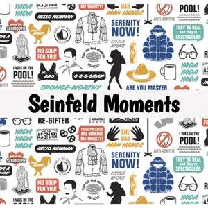 Peut inclure: Un fond blanc avec un motif r&eacute;p&eacute;titif d'illustrations en noir et blanc de moments embl&eacute;matiques de la s&eacute;rie t&eacute;l&eacute;vis&eacute;e Seinfeld. Les illustrations comprennent des phrases comme "Serenity Now!" et "No Soup for You!" ainsi que les personnages de la s&eacute;rie Jerry, Elaine, Kramer et George.