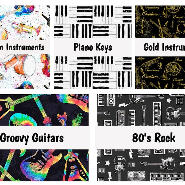 Musical Instruments, Piano, Rock N Roll, Rhythm, Guitar, Drums, Trumpet, Gold Foil, Violin, Strings, Brass,  100% Quilting Cotton Fabric