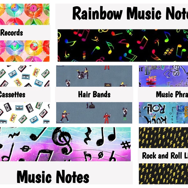 Music, Cassettes, Hair Bands, Music Notes, Records, Rainbow, Rock and Roll, Songs, Lightning, 1980's Pop, 100% Quilting Cotton Fabric