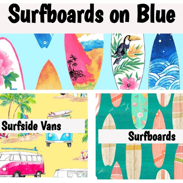 Surfing, Surfboards, Beach, Ocean, Sea, Surfside, Floral, Flamingo, Birds, Vans, Waves, 100% Quilting Cotton Fabric