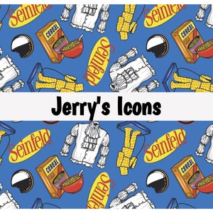 Peut inclure: Un fond bleu avec un motif r&eacute;p&eacute;titif de diff&eacute;rentes ic&ocirc;nes de la s&eacute;rie t&eacute;l&eacute;vis&eacute;e Seinfeld. Les ic&ocirc;nes incluent le logo de la s&eacute;rie, un bol de c&eacute;r&eacute;ales, une chemise &agrave; volants et une bo&icirc;te de c&eacute;r&eacute;ales. Le texte "Jerry's Icons" est &eacute;crit en blanc sur une banni&egrave;re blanche.