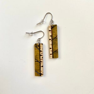 wooden birch tree earrings, hand-painted, wood-burned, nature, jewelry
