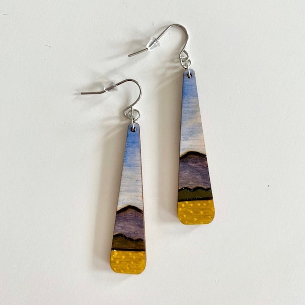 landscape earrings, vermont, mountains, wooden, wood-burned, hand painted, dangling colorful earrings for her