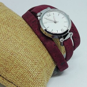 Corks Watch Burgundy red handmade Portuguese clock watches vegan environmentally friendly stainless steel