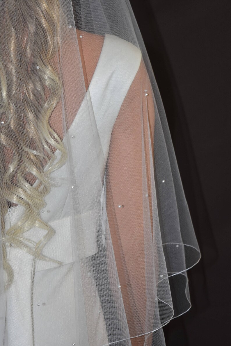 Two Tier Circle Veil with Pencil Edge Fingertip Length Veil Fingertip Veil with Blusher Two Layer Veil with Pearls 2 Tier Pencil Veil