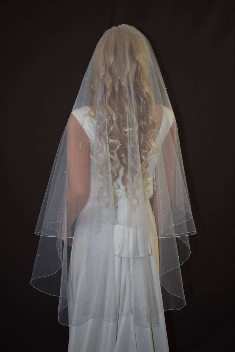 Two Tier Circle Veil with Pencil Edge Fingertip Length Veil Fingertip Veil with Blusher Two Layer Veil with Pearls 2 Tier Pencil Veil