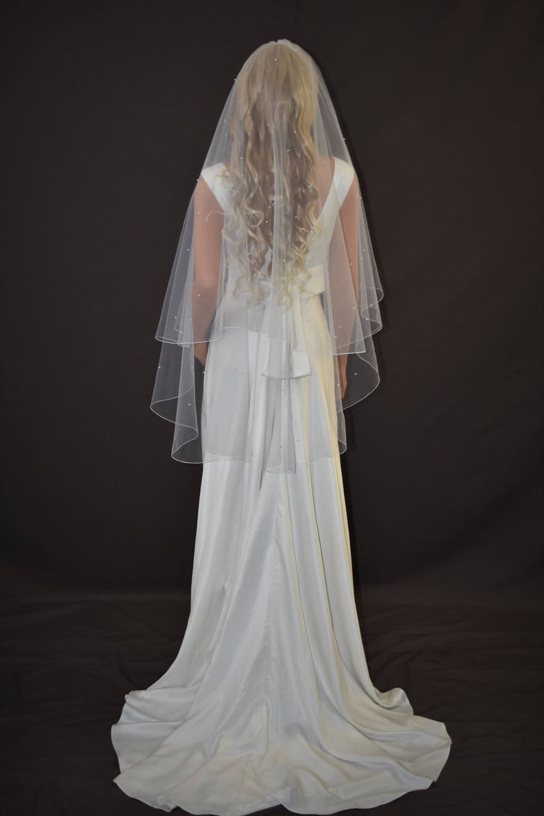 Two Tier Circle Veil with Pencil Edge Fingertip Length Veil Fingertip Veil with Blusher Two Layer Veil with Pearls 2 Tier Pencil Veil
