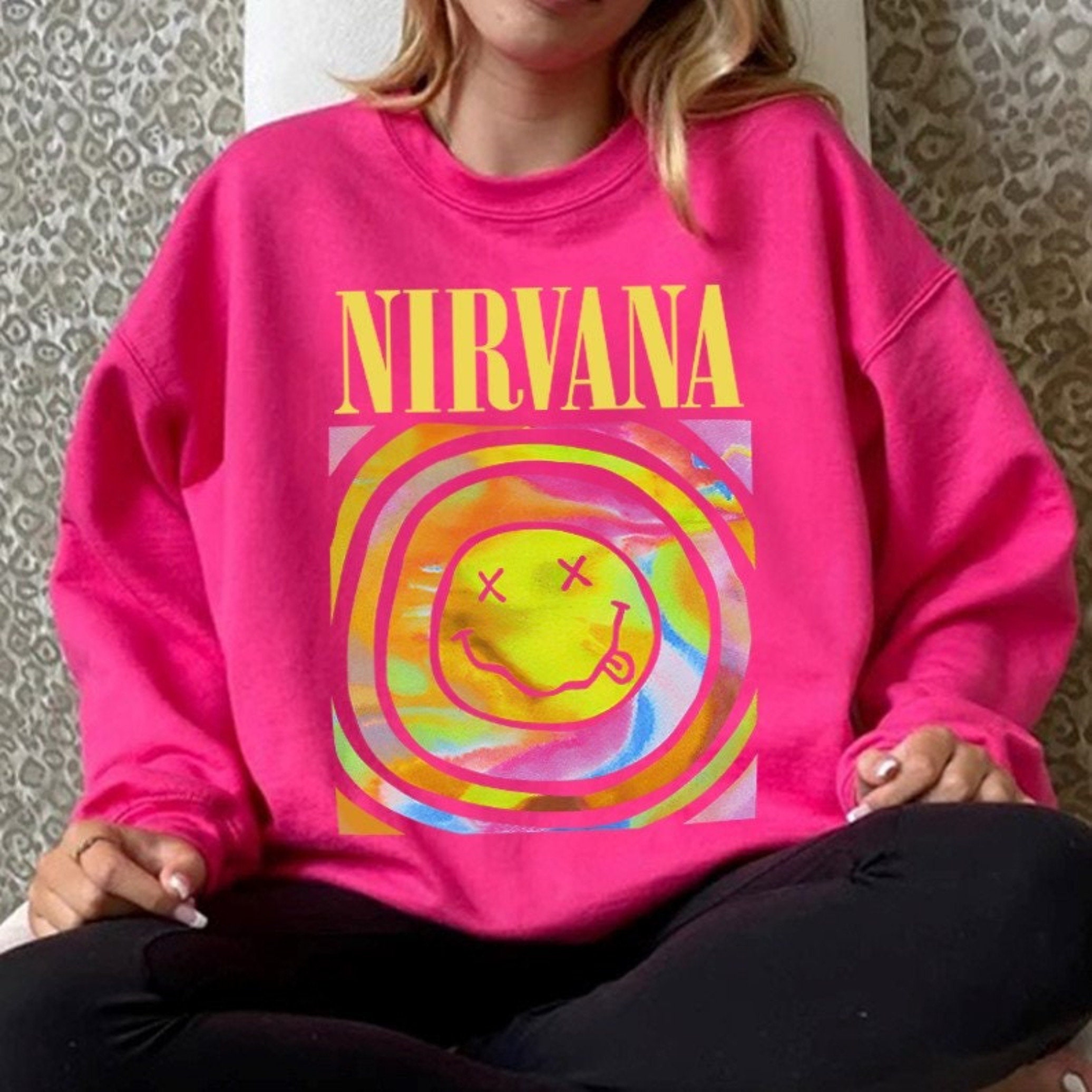 Discover Nirvana Sweatshirt, Nirvana Smile Face Crewneck Sweatshirt, Nirvana Pink Sweatshirt