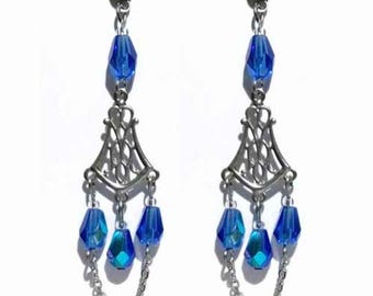 Pendientes colgantes de araña azul real en cristal y acero inoxidable