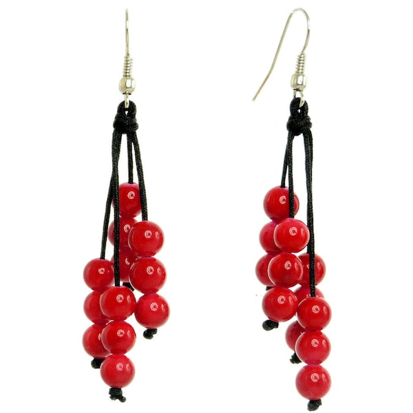 Boucles d'oreilles grappe de perles rouge vif ,pendantes en cascade