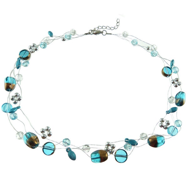 Women's necklace ras de cou porcelain sky blue butterflies brown blue gray pearls Golden threads