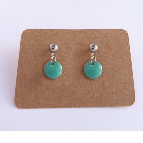 boucles d'oreilles puces acier inox disque émail vert turquoise - atelier