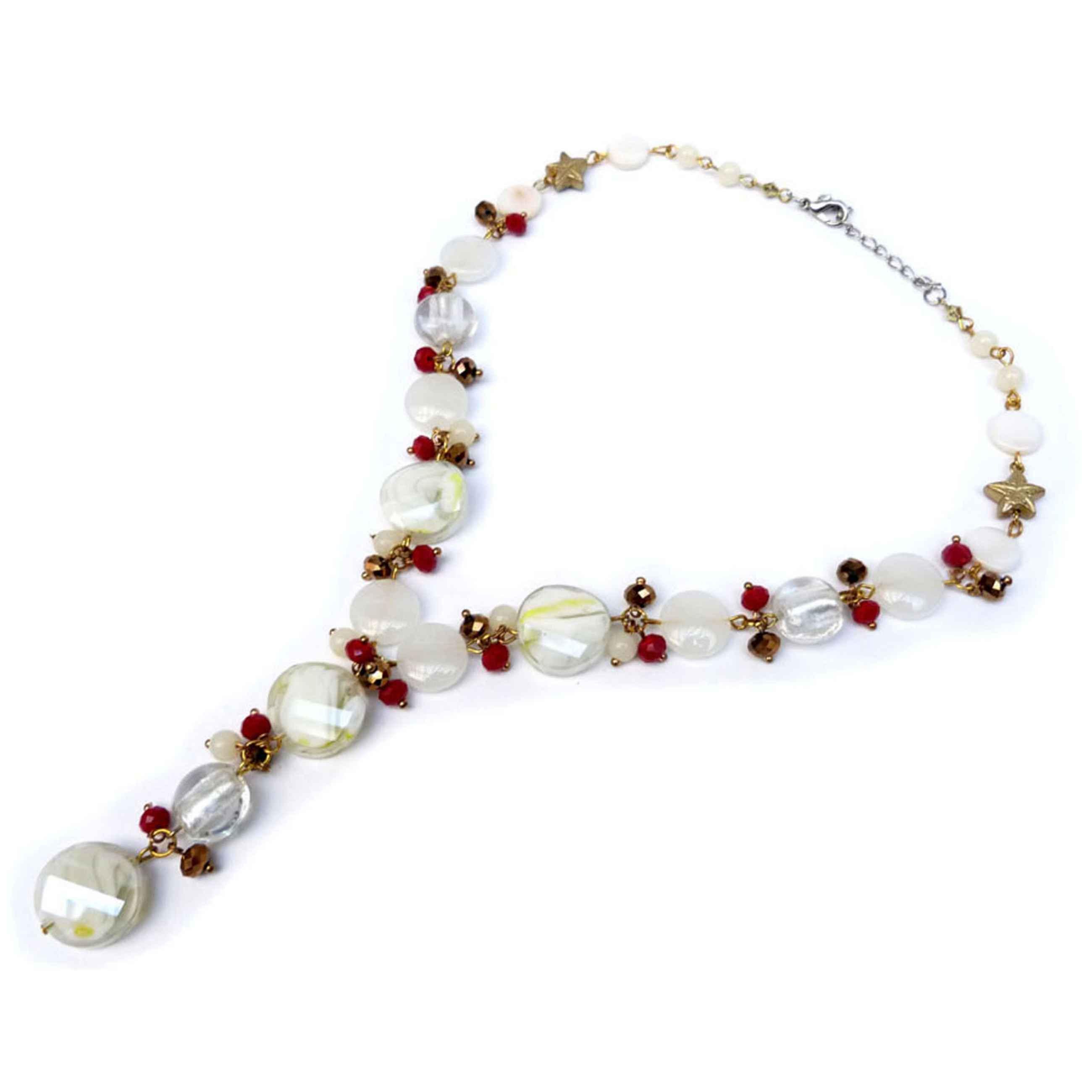 Parure De Bijoux Rouge Et Or - Collier + Boucles D'oreilles à Franges Perles De Verre