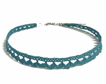 fine choker choker necklace in duck blue cotton lace ribbon