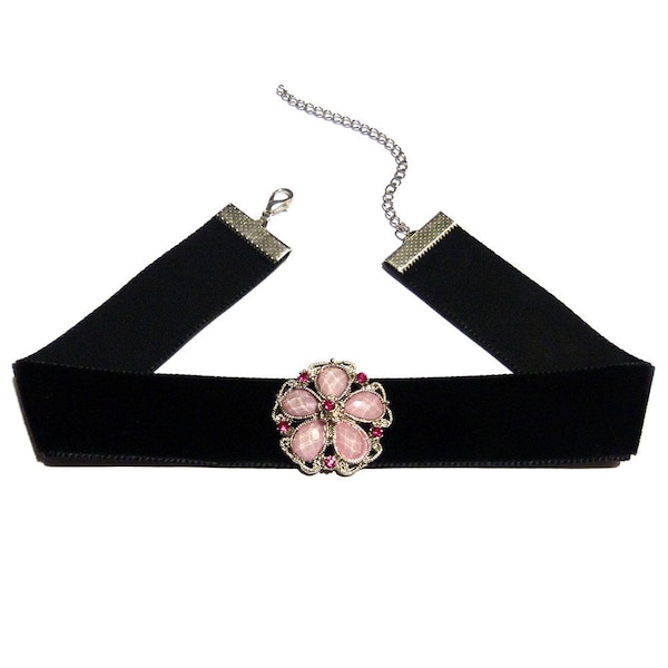 collier ras de cou velours noir cabochon strass rose