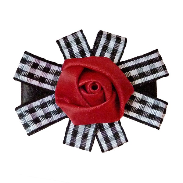 Broche noeud papillon noir et blanc à carreaux vichy - fleur rouge bordeaux rétro