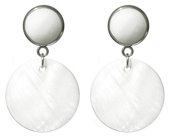 earrings classic minimalist round white mother-of-pearl stainless steel