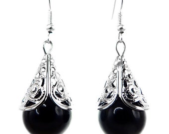 Boucles D'oreilles femme Pendantes ethnique goutte cône argenté boule noire onyx