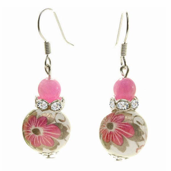 Boucles D'oreilles femme Pendantes porcelaine blanche à fleurs rose strass effet cristal et petites pierre