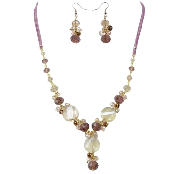 Parure Collier Boucles d'oreilles perles verre facettes vieux rose transparente