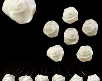 6 wedding flower hairpins white satin flowers
