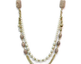 Collier Sautoir Perles Gris Foncé Et Doré - Résine Et Bois, Fantaisie, Neuf Sans Emballage