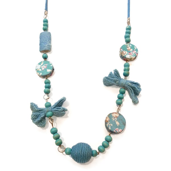 COLLIER sautoir femme perles bois, tissu motif fleurs et noeuds rubans bleu turquoise