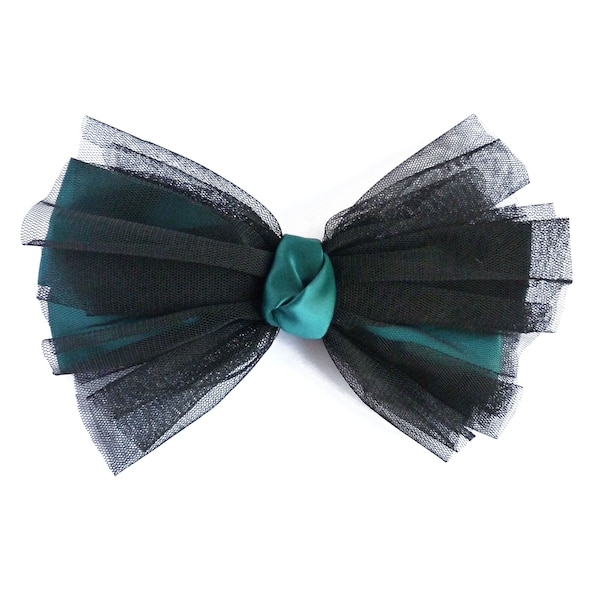 Pince, barrette à cheveux, cheveux fins a moyen, noeud géant, danse, fêtes, nouvel an, tulle noir, satin vert émeraude ou violet