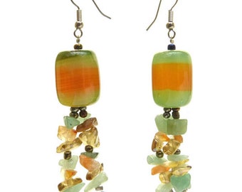 Earrings ORANGE LIGHT GREEN stones and transparent cluster of pearls
