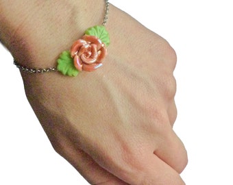 Damesarmband retro romantisch roze bloem porselein groene bladeren, roestvrijstalen ketting