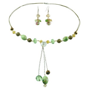Set of Necklace Earrings Faceted Glass Beads and Golden Green Porcelain