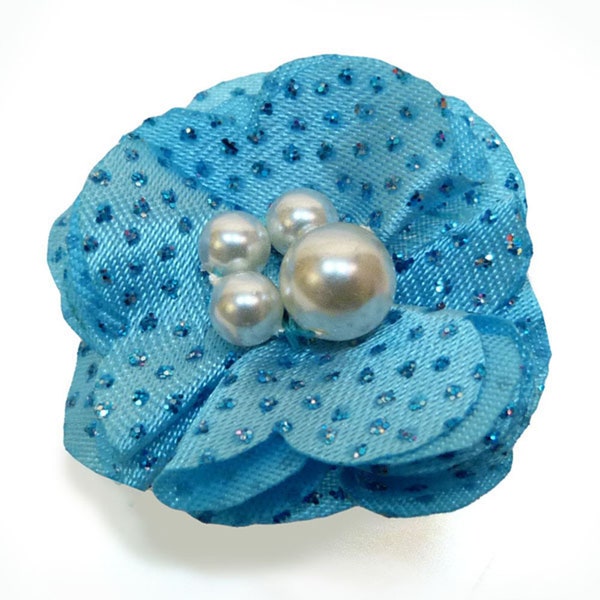 Blue fabric flower ring with sequins and white pearl beads - adjustable Size 50 to 60 - kawaii lolita style