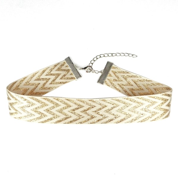 Collier femme choker ras du cou rétro doré or beige rayures fête broderie chevrons style art déco