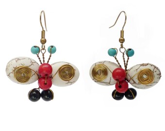 Multicolored butterfly earrings pearls stones wings spiral gold - white red and blue