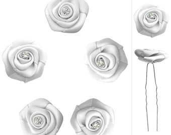 5 white satin and crystal flower wedding pins, white roses, bridal hairstyle, bun picks