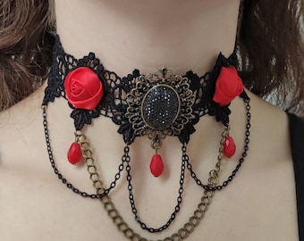 black lace choker choker necklace red flowers gothic lolita