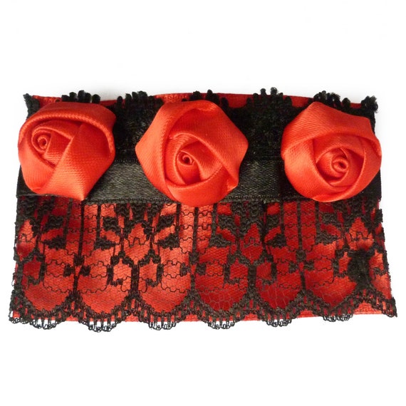 Barrette Pince à Cheveux Rouge Et Noir - Strass, Perles, Dentelle Satin, Fabrication Française