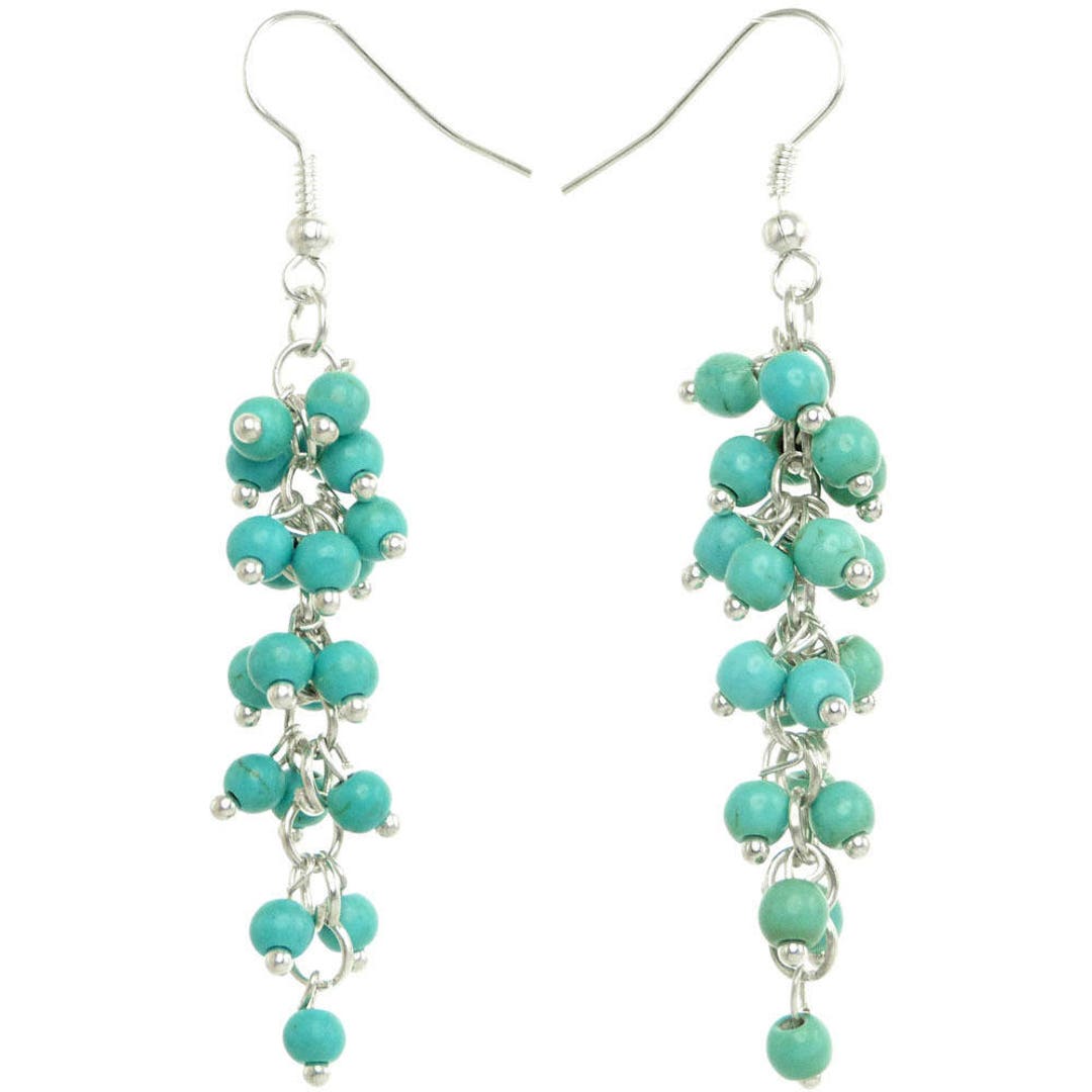 Boucles D'oreilles Femme Pendantes Longues - Grappe De Pierres Bleu Turquoise