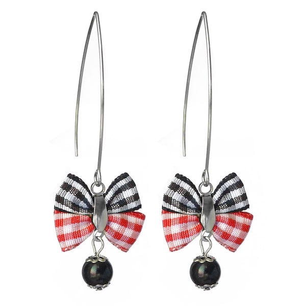 Boucles d'oreilles longues noeuds carreaux vichy noir et blanc - style rétro bicolore