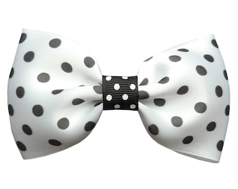 Women's barrette hair clip, large satin bow tie, pin up black and white polka dots