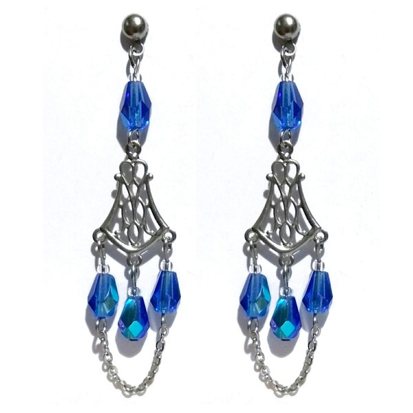 boucles d'oreilles pendantes lustre chandelier bleu roi gouttes en verre et acier inox