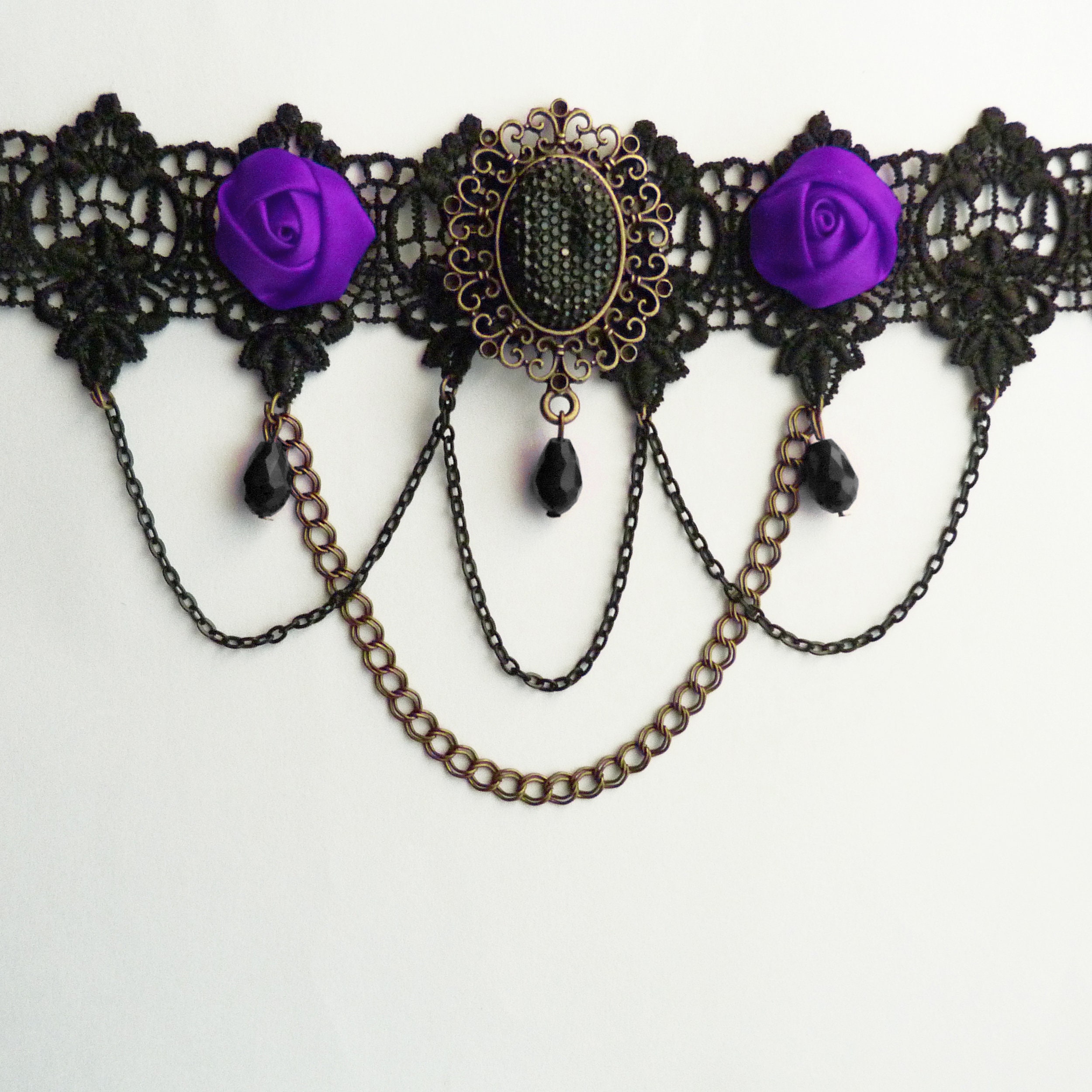 Gothic Lace Choker Necklace With Bracelet – Black Lolita Style, Adjustable, Alloy & Rhinestone