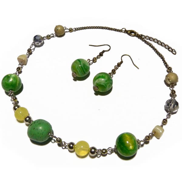 Women's adornment Ras De Cou necklace earrings resin fimo metal - green yellow silver golden bronze