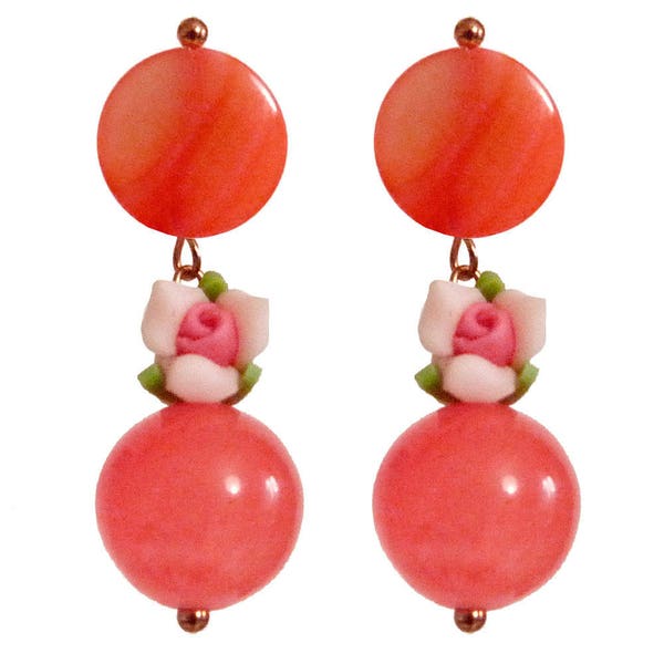 Boucles d'oreilles clou rose orangé nacre fleur fimo et perle