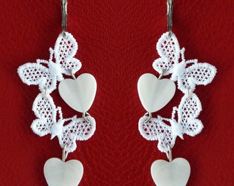 Retro romance style earrings, white lace butterflies, white mother-of-pearl hearts, wedding, Valentine's Day. Lightweight, stainless steel