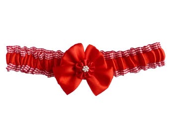 Red and white gingham knot satin wedding garter - several sizes