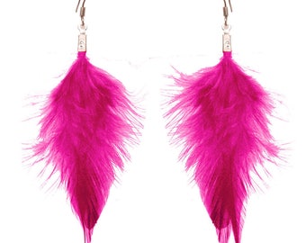 Boucles d'oreilles Pendantes très légères plumes rose fushia, marron, bleu, rouge, noir, blanc ou violet