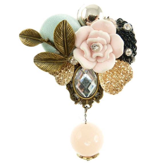 Brooch Shabby Chic Flower Fimo Beads Rhinestone Crystal Rose Etsy